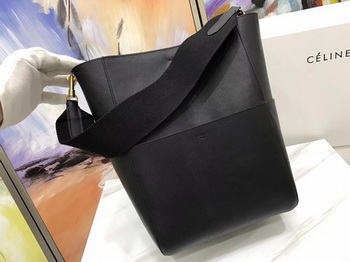 CELINE Sangle Seau Bag in Litchi Leather C3371 Black