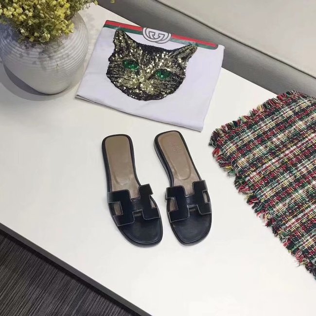 Hermes lady leather fashion Slipper HO809HMJ black