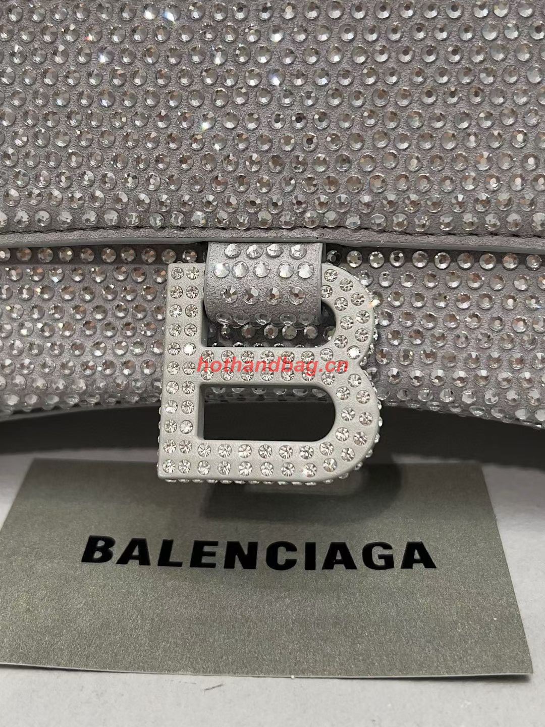 Balenciaga WOMENS HOURGLASS SMALL HANDBAG WITH RHINESTONES 592834 silver