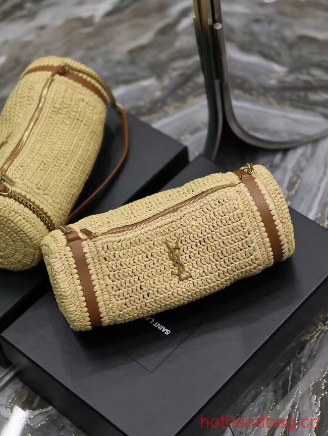 SAINT LAURENT SADE SMALL TUBE BAG IN RAFFIA AND LEATHER Y996704 apricot