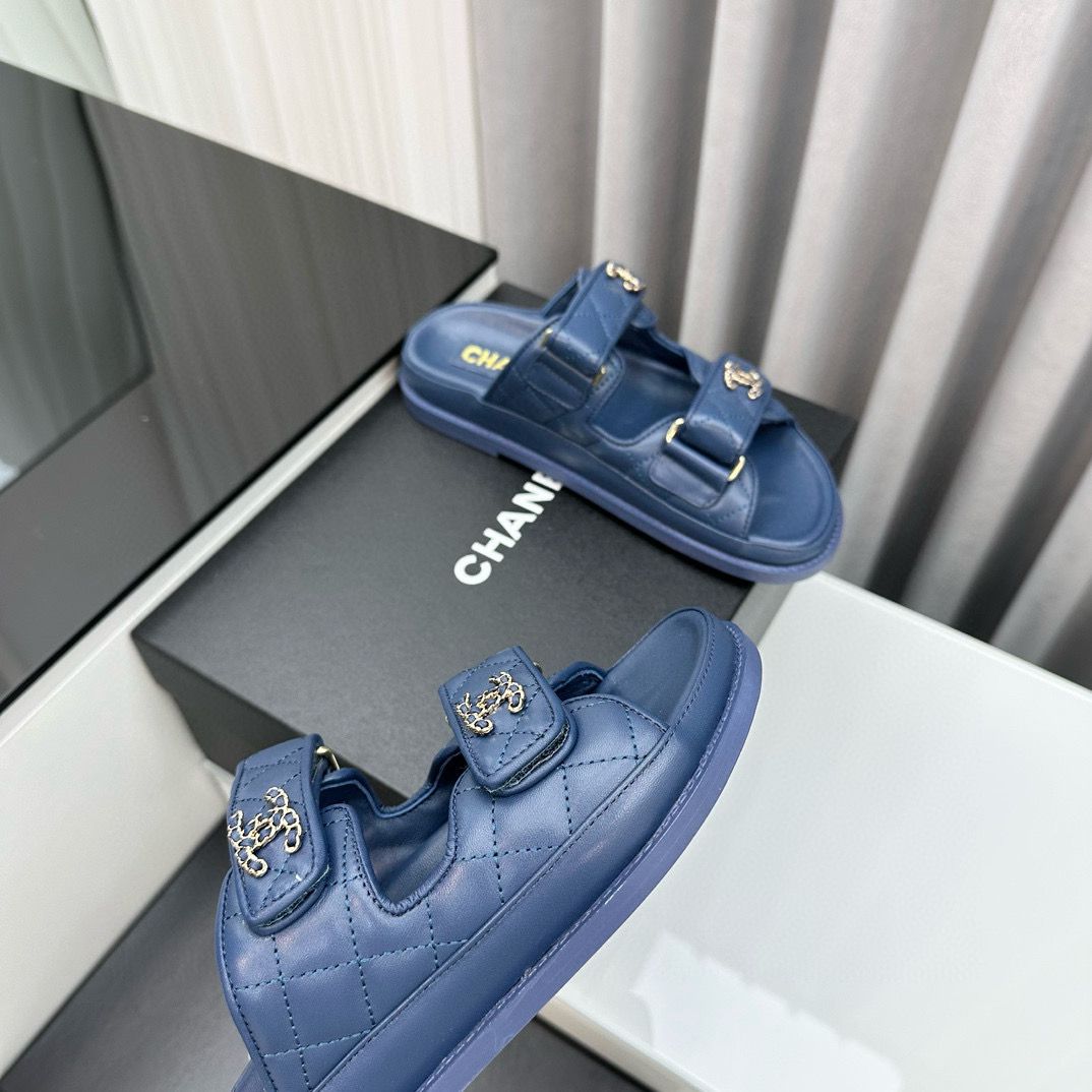 Chanel Original Leather Slipper Shoes HM30212 Dark Blue