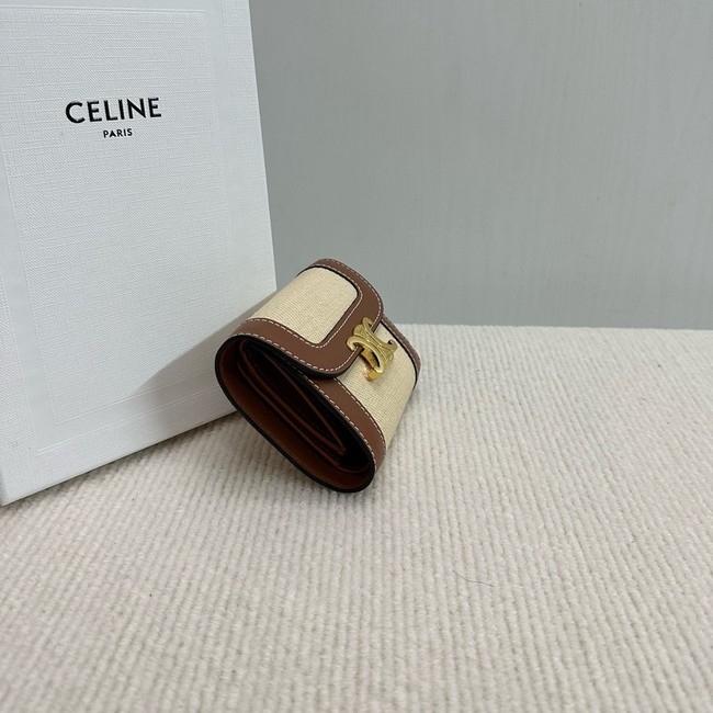Celine SMALL FLAP WALLET TRIOMPHE IN TEXTILE AND CALFSKIN 10D783 NATURAL & TAN