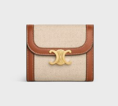 Celine SMALL FLAP WALLET TRIOMPHE IN TEXTILE AND CALFSKIN 10D783 NATURAL & TAN