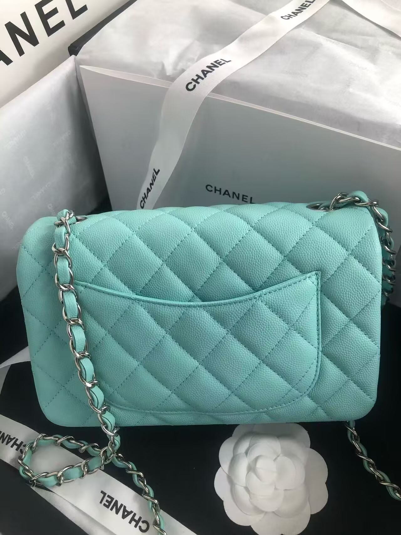 Chanel Flap Shoulder Bag Grained Calfskin Caviar Leather A01116 silver-Tone Metal sky blue