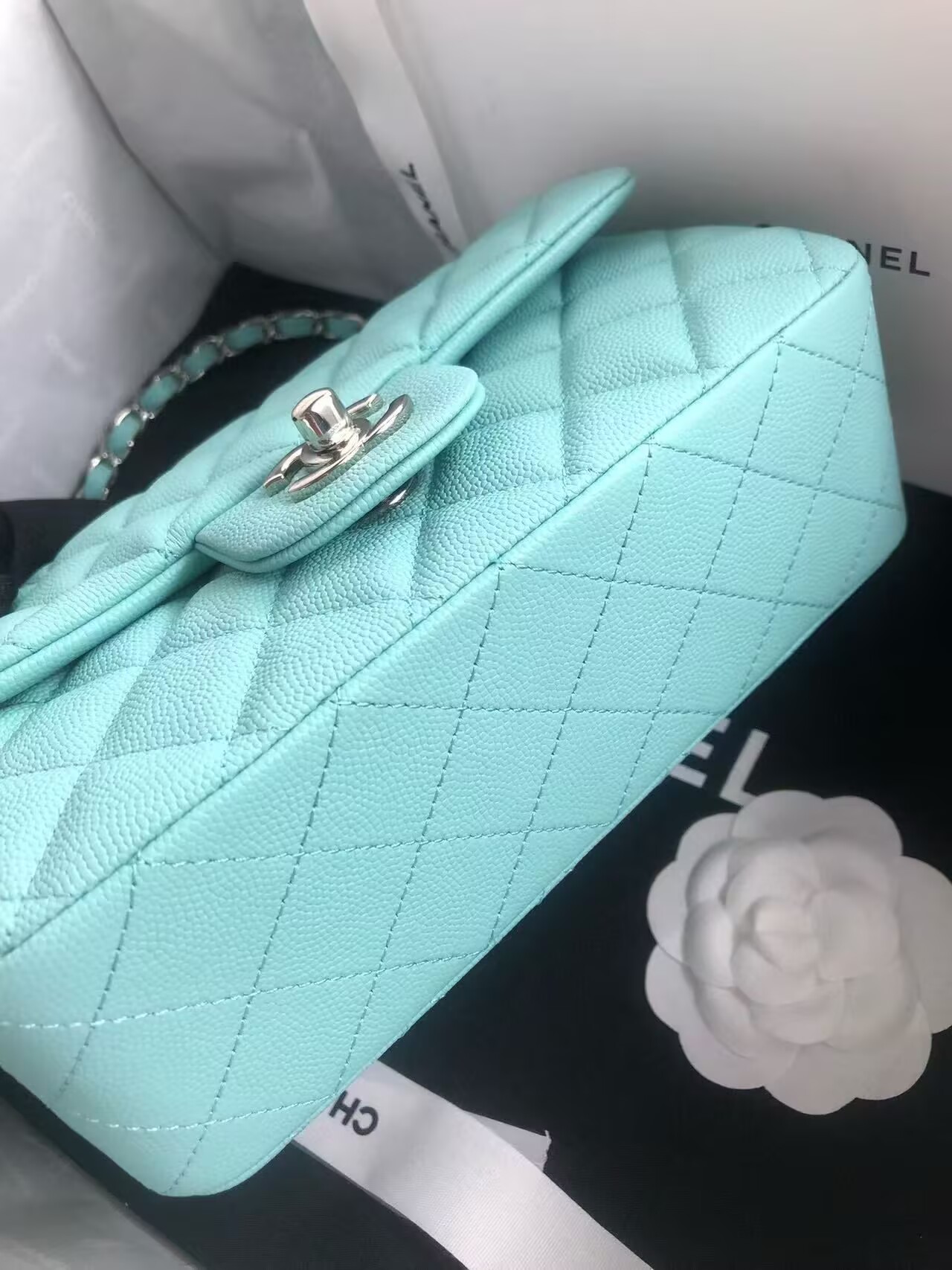 Chanel Flap Shoulder Bag Grained Calfskin Caviar Leather A01116 silver-Tone Metal sky blue