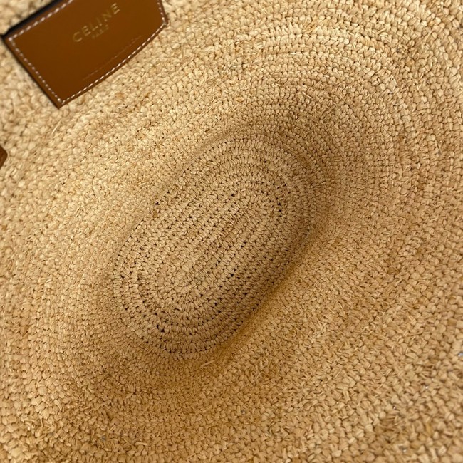 Celine MEDIUM SUPPLE CELINE CLASSIC PANIER IN RAFFIA AND CALFSKIN 114342 TAN