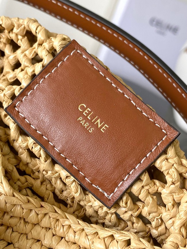 Celine SMALL LOUISE BUCKET IN RAFFIA AND CALFSKIN 119173 NATURAL & TAN