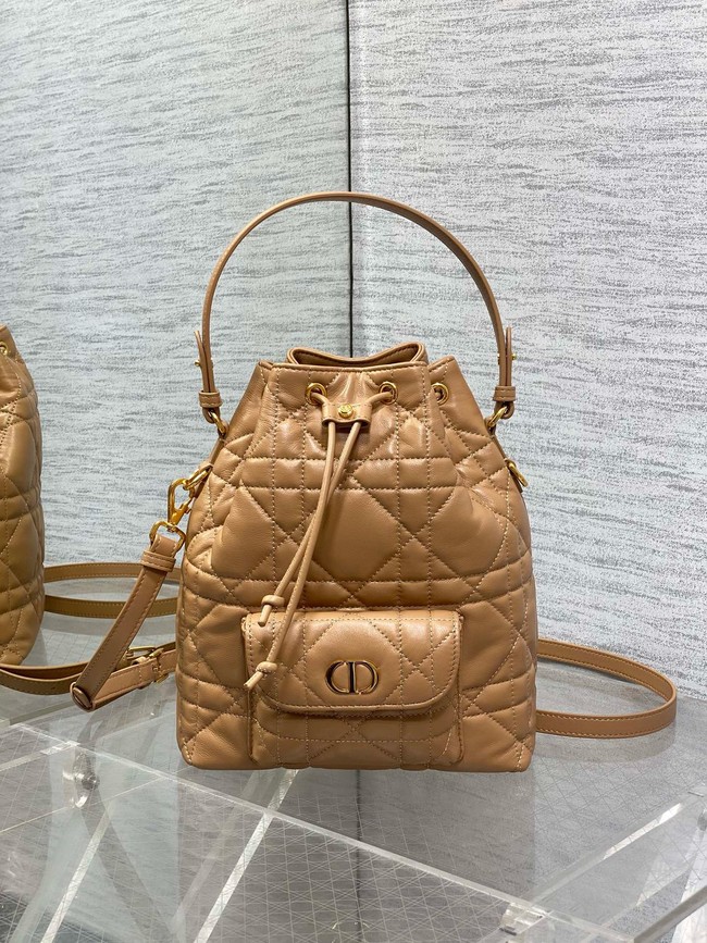 Small Dior Caro Bucket Bag Macrocannage Lambskin M3372 Light Gold-Tone