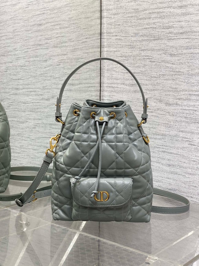 Small Dior Caro Bucket Bag Macrocannage Lambskin M3372 gray