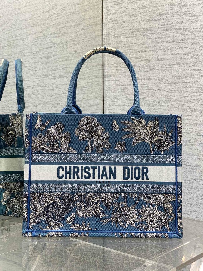 Dioriviera Medium Dior Book Tote Celestial Drak Blue Toile de Jouy Palms Embroidery M1296ZEZG