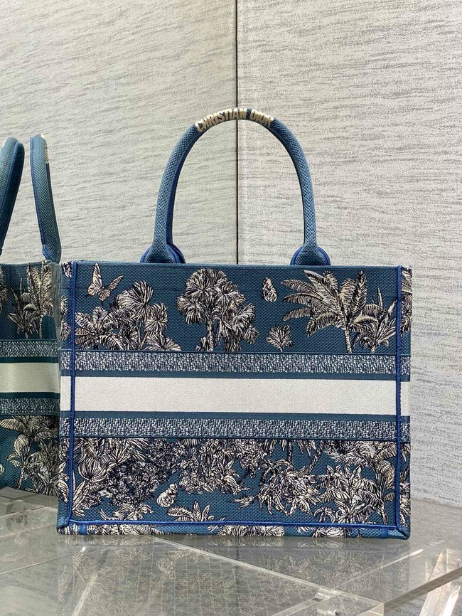Dioriviera Medium Dior Book Tote Celestial Drak Blue Toile de Jouy Palms Embroidery M1296ZEZG