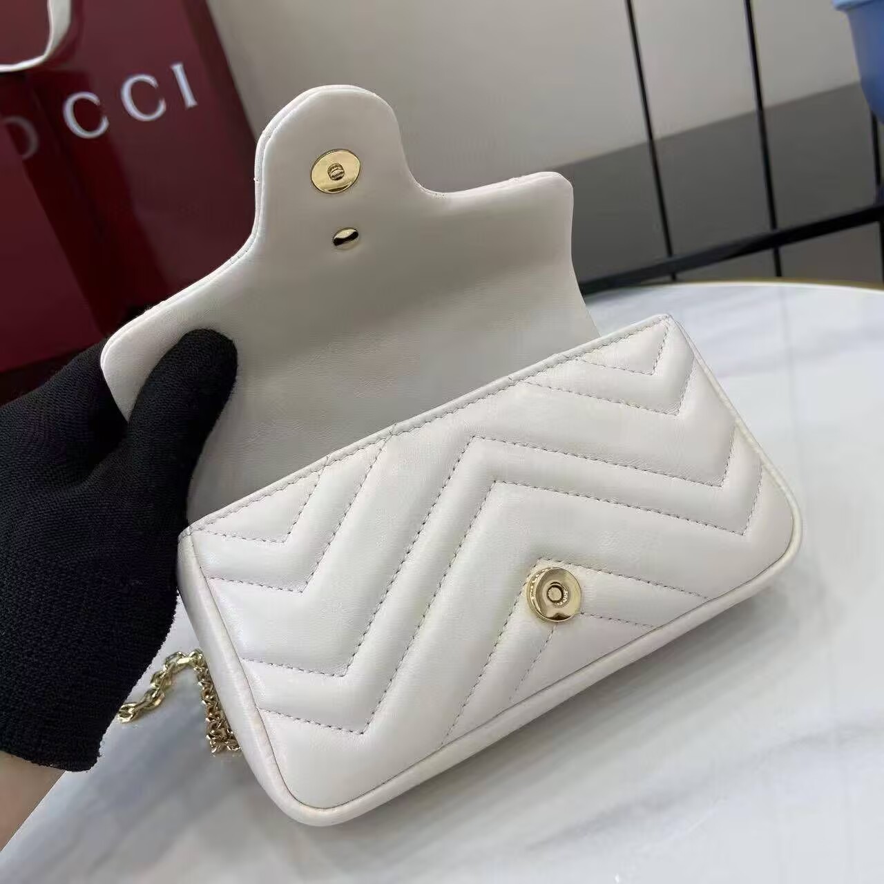 GUCCI GG MARMONT MINI SHOULDER BAG 841290 White&Light Gold-Tone