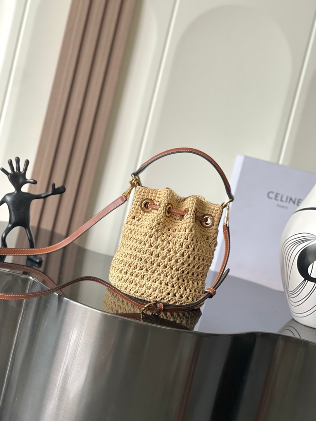 CELINE CABAS TRIANGLE IN RAFFIA AND CALFSKIN 121672 NATURAL / TAN