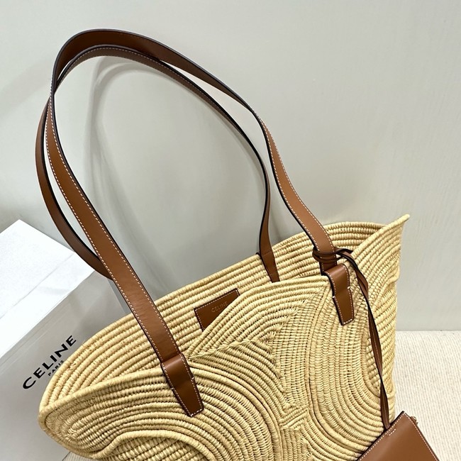 CELINE CLASSIC PANIER SMALL BRAIDED TRIOMPHE in RAFFIA and CALFSKIN 116982 NATURAL & TAN