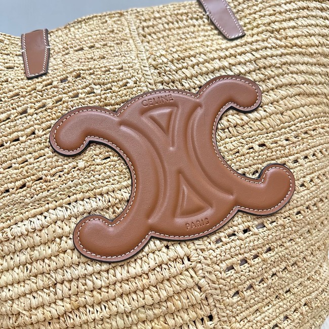 CELINE CLASSIC PANIER SMALL BRAIDED TRIOMPHE in RAFFIA and CALFSKIN 119682 TAN