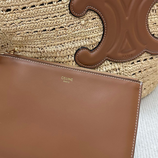 CELINE CLASSIC PANIER SMALL BRAIDED TRIOMPHE in RAFFIA and CALFSKIN 119682 TAN