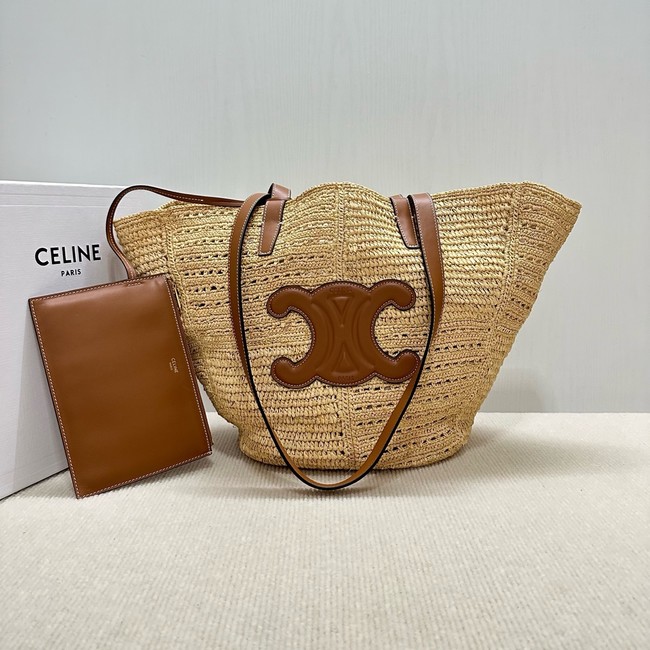 CELINE CLASSIC PANIER SMALL BRAIDED TRIOMPHE in RAFFIA and CALFSKIN 119682 TAN