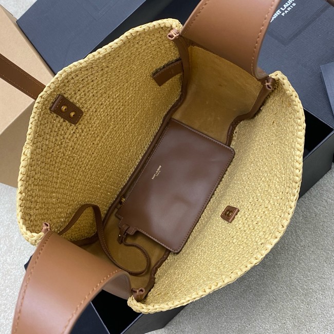 Saint Laurent LE 5 A 7 supple small in raffia and leather 823812 PALE BROWN AND BRICK