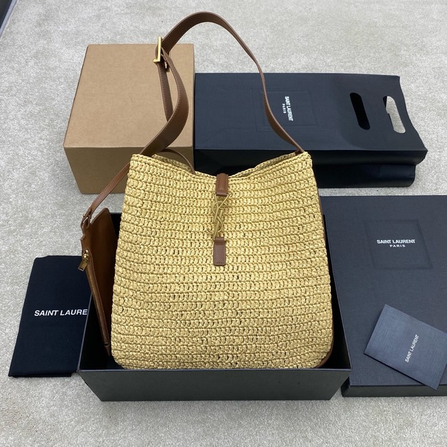 Saint Laurent LE 5 A 7 supple small in raffia and leather 823812 PALE BROWN AND BRICK