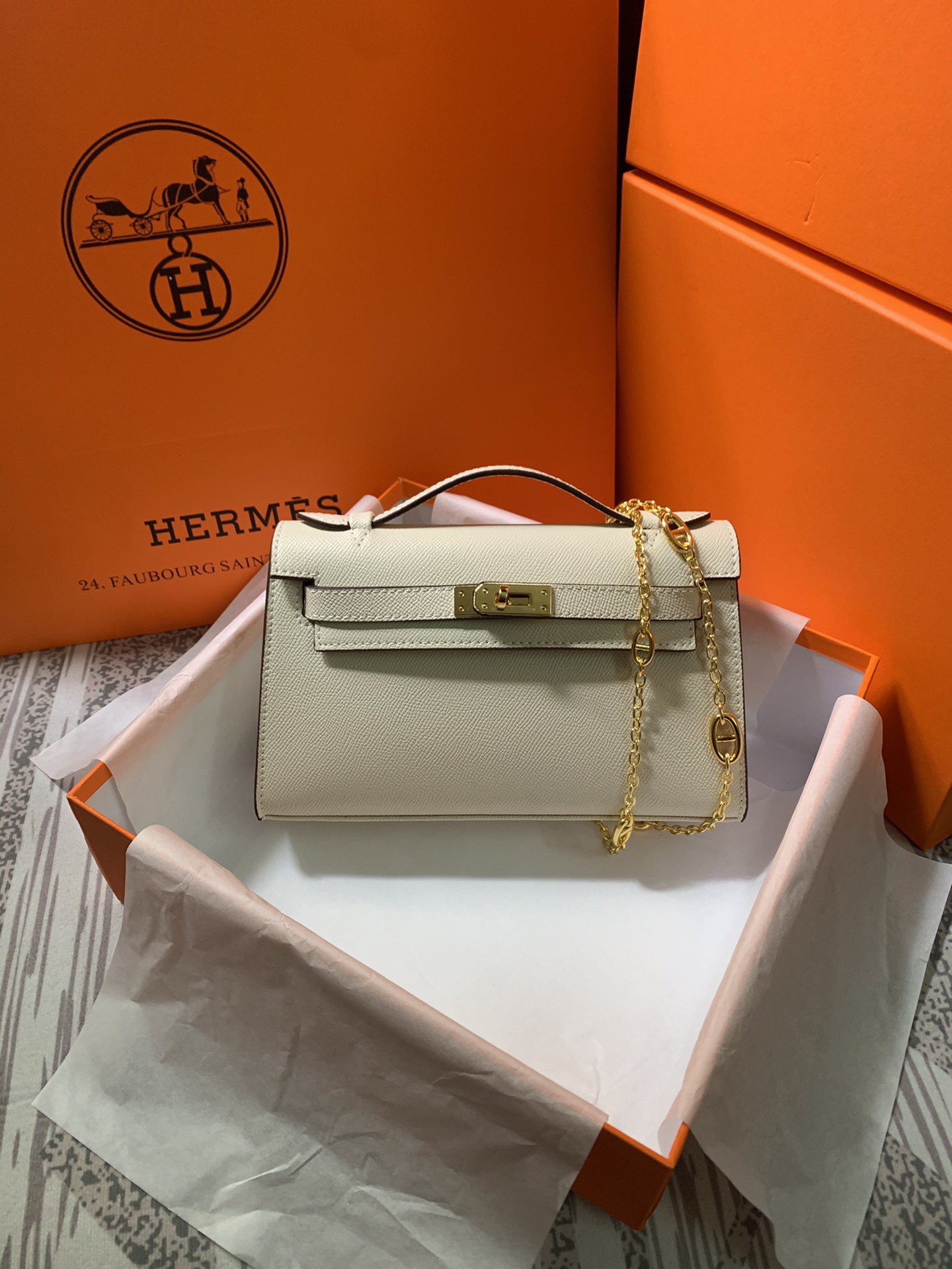 Hermes MINI Kelly 22cm Tote Bag Epsom Leather K22 Cream