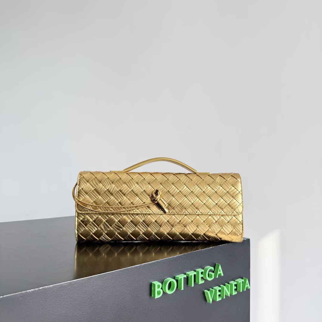 Bottega Veneta Original Twill Leather Long Clutch Andiamo Handle Bag 741511 Gold 