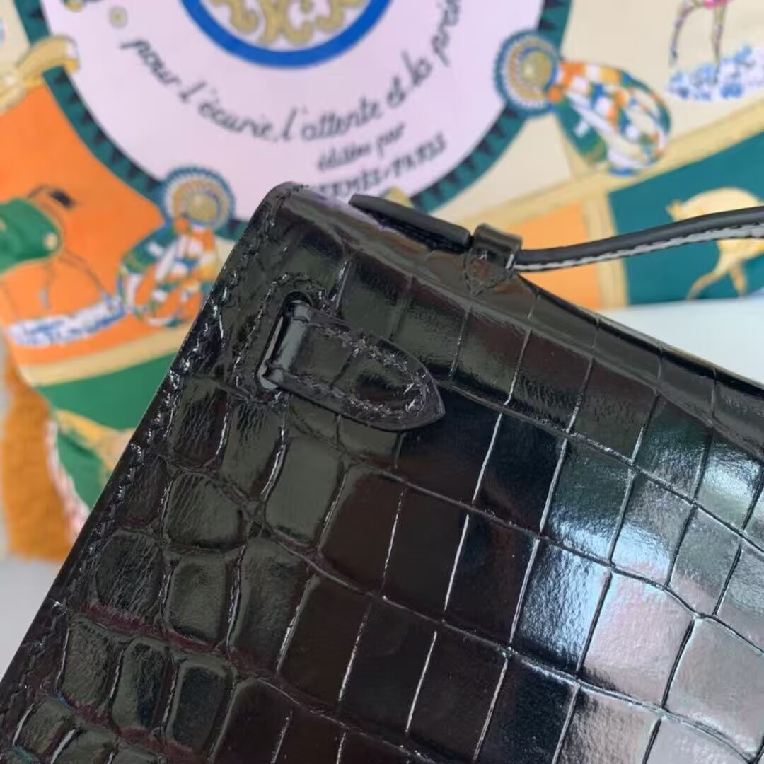 Hermes MINI Kelly 22cm Clutch Original Croco Leather KL22 Black