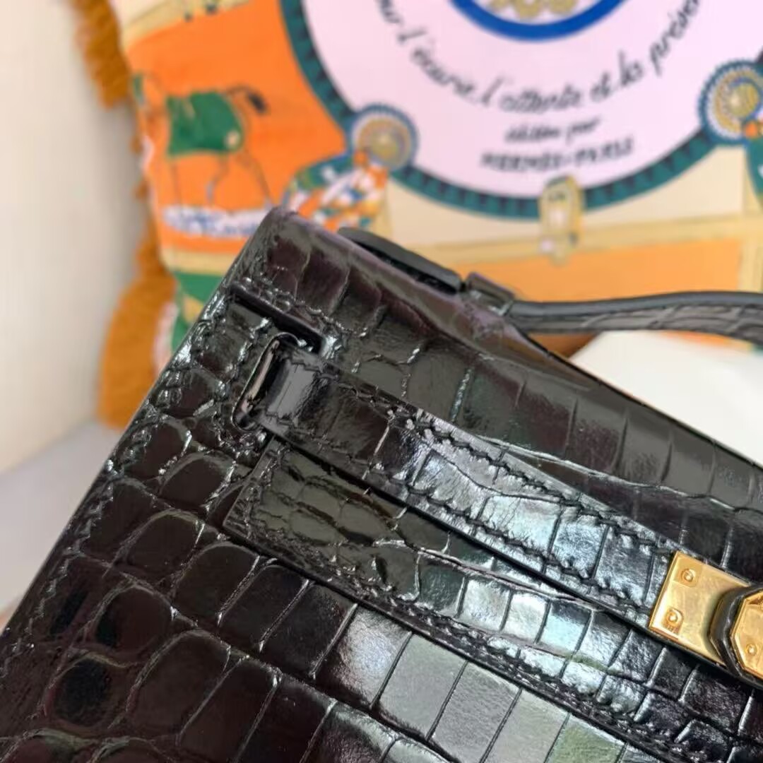 Hermes MINI Kelly 22cm Clutch Original Croco Leather KL22 Black