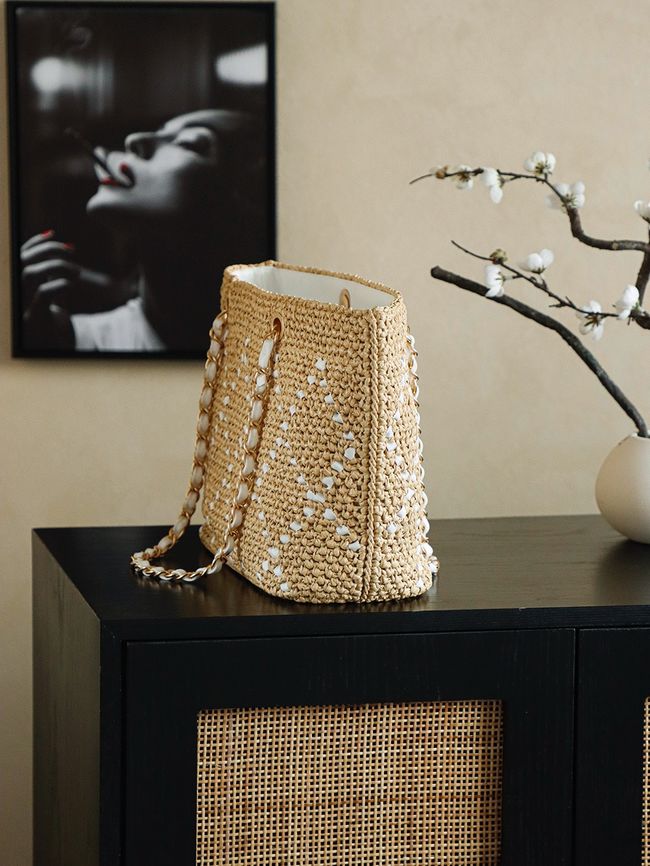 CHANEL Large Braided Straw Shoulder Bag AS5956 Apricot and white