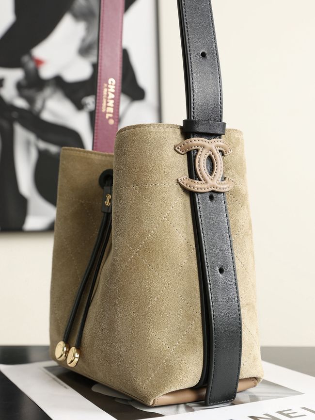Chanel Suede Calfskin Bucket Bag AS6537 dark Beige