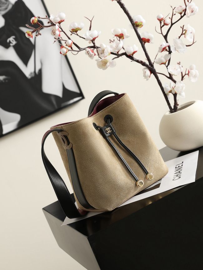 Chanel Suede Calfskin Bucket Bag AS6537 dark Beige