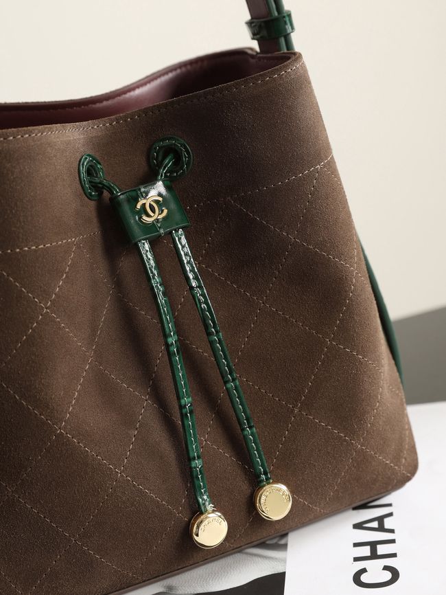 Chanel Suede Calfskin Bucket Bag AS6537 dark brown
