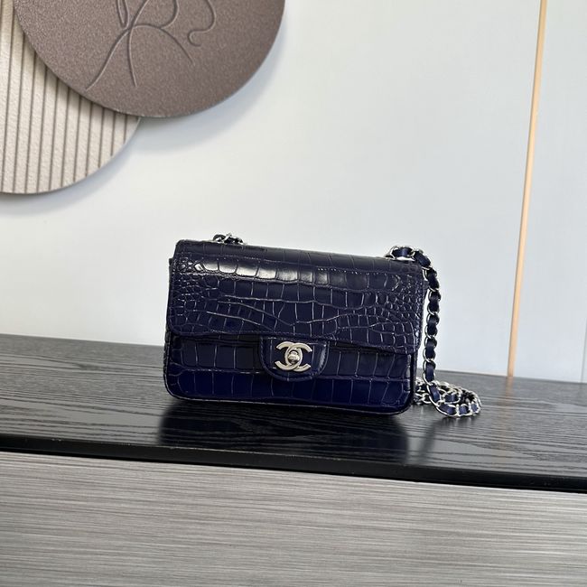 Chanel MINI FLAP BAG Crocodile Embossed 1116 Dark Blue&silver