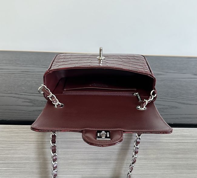 Chanel MINI FLAP BAG Crocodile Embossed 1116 Dark Burgundy&silver