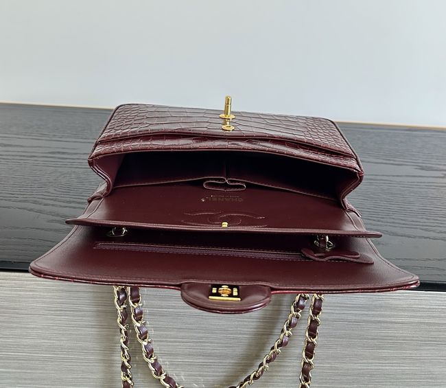 Chanel Small Flap Bag Crocodile Embossed Calfskin 1112 Dark Burgundy