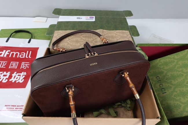Gucci Large boston bag with bamboo soft suede A006OD Dark brown