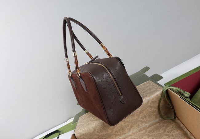Gucci Large boston bag with bamboo soft suede A006OD Dark brown