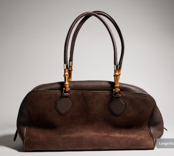 Gucci Large boston bag with bamboo soft suede A006OD Dark brown
