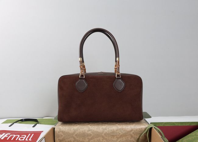 Gucci Large boston bag with bamboo soft suede A006OD Dark brown