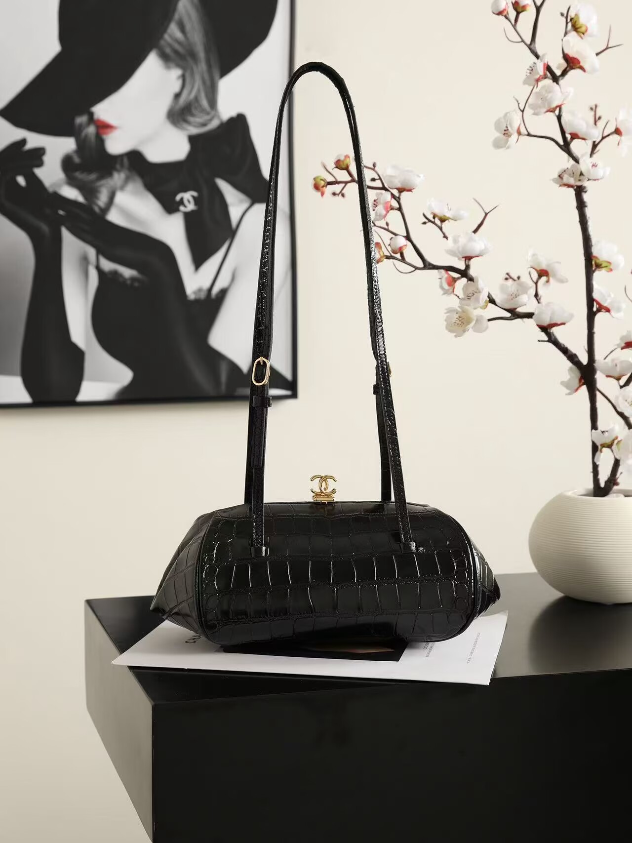 Chanel Clutch With Leather Strap Crocodile Embossed Calfskin & Gold-Tone Metal Black AP5360