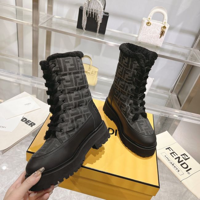 FENDI Filo black leather and FF fabric biker boots 8T8576-2